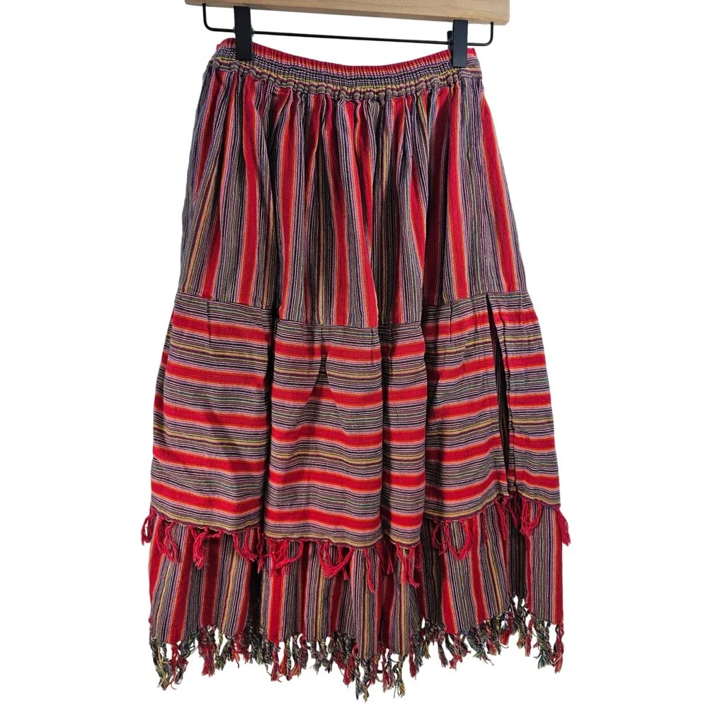 Womens Bohemian Tiered Maxi‎ Skirt Red Stripe Tassel Size Small